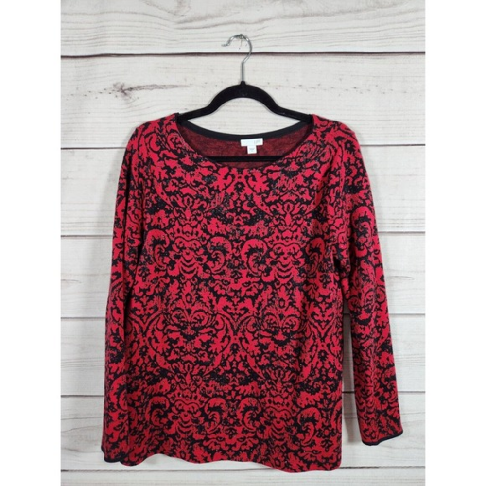 J. Jill Women's Red & Black Damask Long‎ Sleeve Crystal Sparkle Sweater Size S